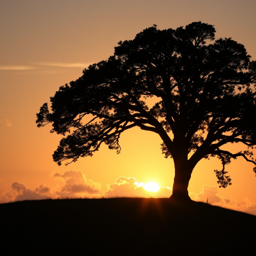 Capture a silhouette of a large tree on a grassy hill at sunset with soft clouds in the background, using a DSLR camera with a 50mm lens, aperture set to f/8, ISO 100, shutter speed 1/200s, in landscape orientation.