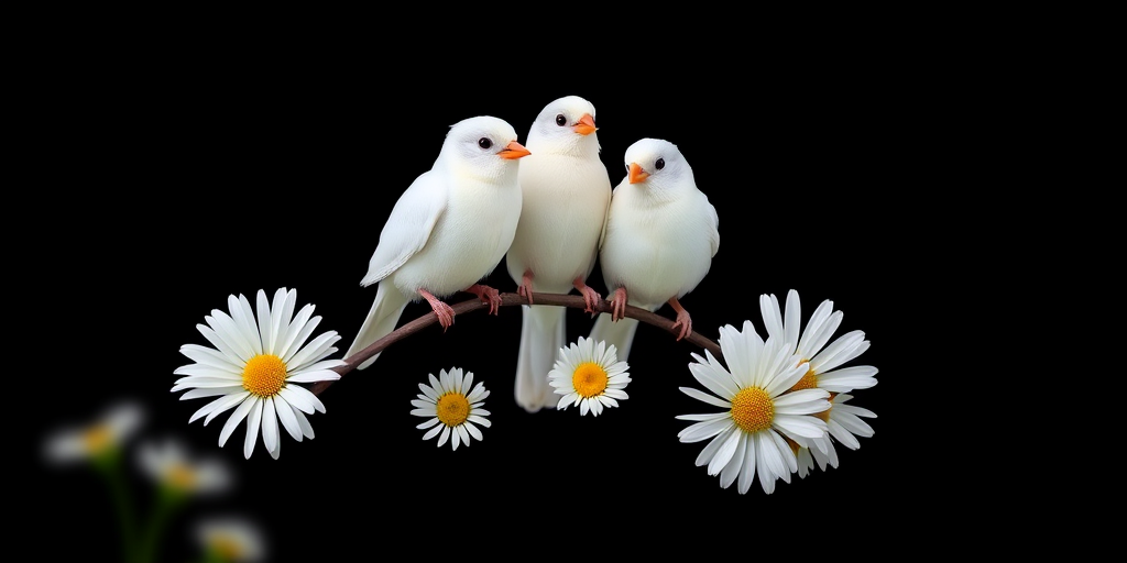 Create a high-resolution image of white birds perched on a stylized branch with daisies blooming on either side, using a shallow depth of field to emphasize the foreground, shot with a DSLR camera at f/2.8, ISO 100, and a 50mm lens, capturing a symmetrical composition against a dark gradient background.