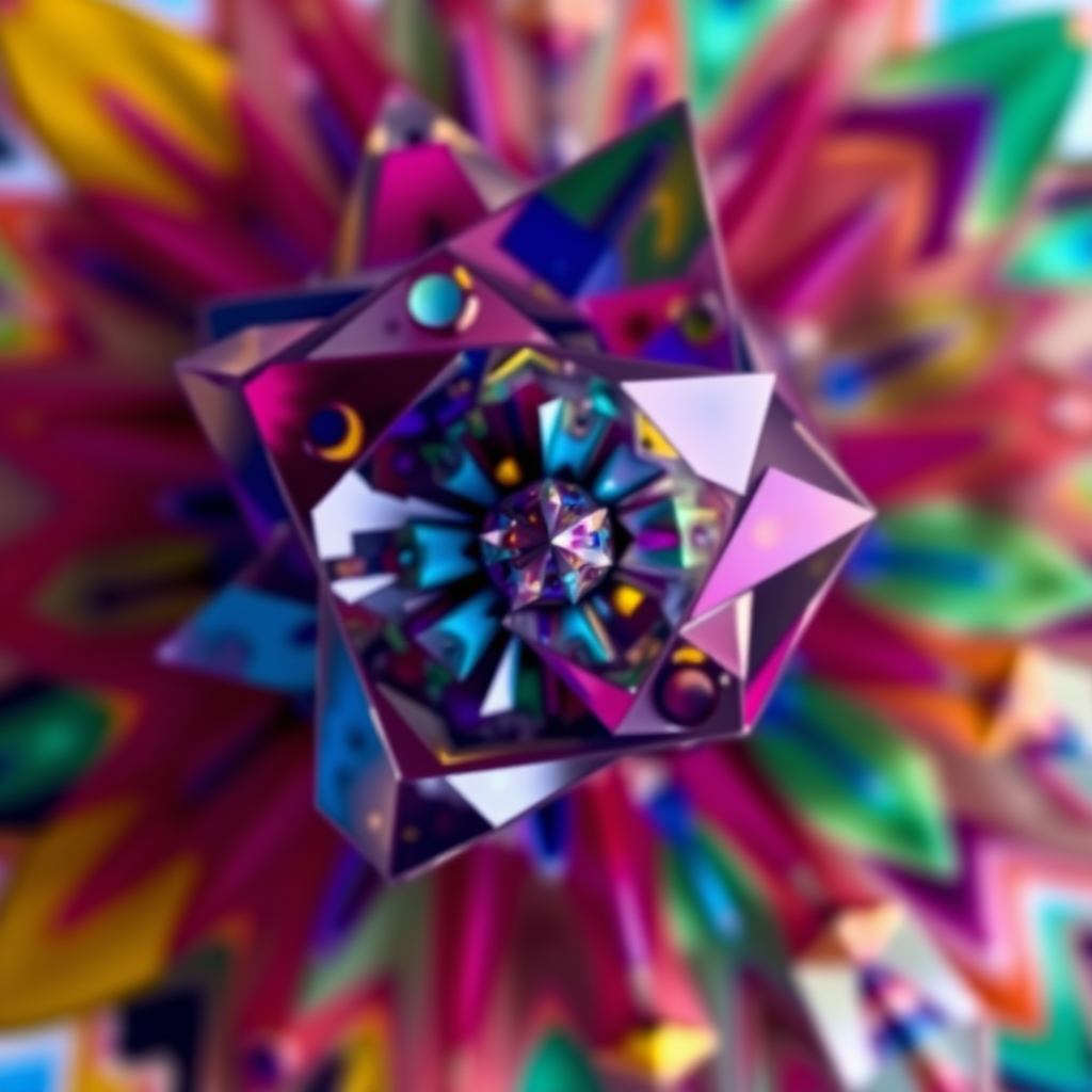 Generate a colorful abstract image with vibrant shapes and patterns, using a Canon EOS 5D Mark IV camera, f/8 aperture, 1/250s shutter speed, ISO 100, wide-angle lens, and a top-down view to enhance depth and detail.