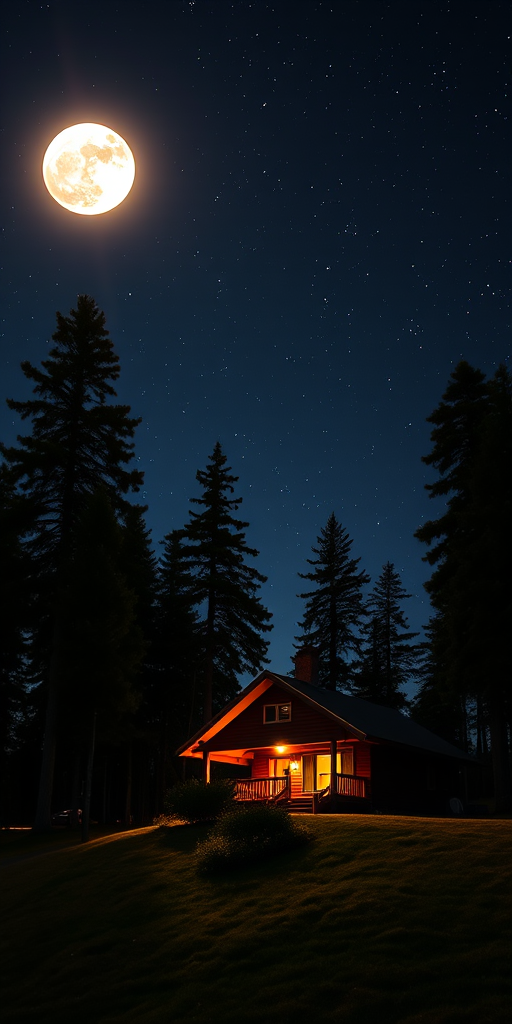 Regenerate an image of a cozy cabin on a hill at night with a full moon overhead, surrounded by tall pine trees and a starry sky, using a DSLR camera with 50mm lens, f/1.8 aperture, ISO 800, and a shutter speed of 15 seconds for a long exposure effect, capturing vibrant colors and sharp details.