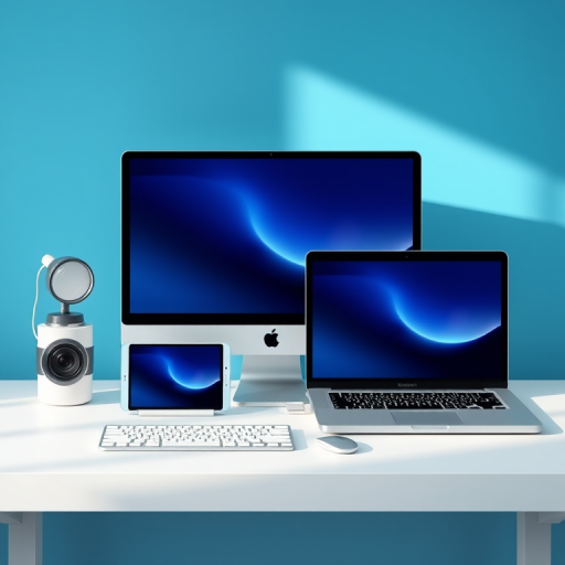 Create a high-resolution digital illustration of four electronic devices including a desktop monitor, laptop, tablet, and smartphone, arranged on a minimalist desk with a gradient blue background, using a Canon EOS R5, 50mm lens, f/2.8 aperture, ISO 100, with soft natural lighting to enhance details and shadows.