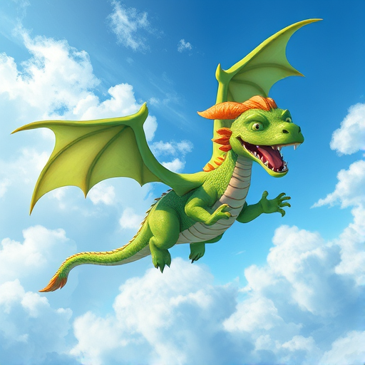 Create a vibrant illustration of a green dragon flying through a blue sky with fluffy clouds, using a wide-angle lens, f/8 aperture, ISO 100, and a digital painting style to enhance image quality.