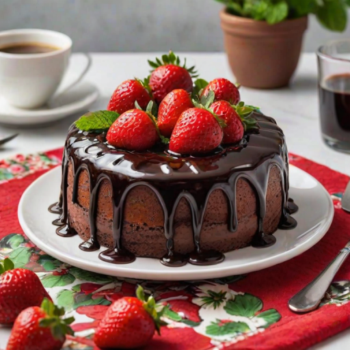 Generate a delicious chocolate cake topped with fresh strawberries and mint leaves, sitting on a white plate. The cake has a glossy chocolate glaze dripping down the sides, with vibrant red strawberries arranged neatly on top. The background features a textured tablecloth with subtle patterns, and there is a small cup of coffee nearby.