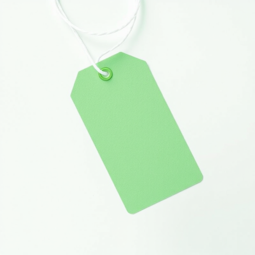 Create a high-resolution image of a blank green price tag with a sleek design, using a DSLR camera with a 50mm lens at f/2.8 aperture, ISO 100, 1/200s shutter speed, in a soft natural light setting, focused centrally in a minimalistic style.