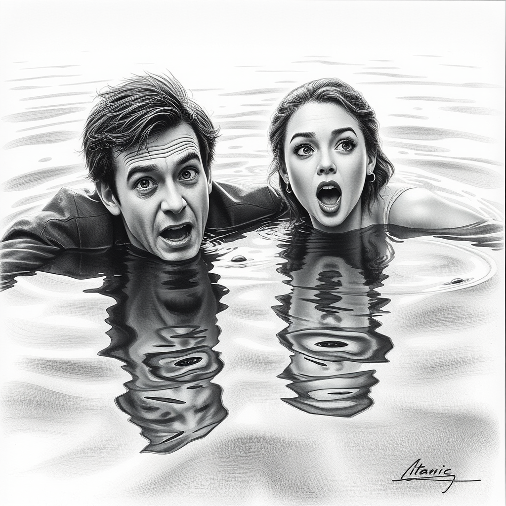 A hyperdetailed photorealistic black and white pencil sketch recreating the iconic scene at the end of Titanic with Jack and Rose floating in the water, only show them making exaggerated funny faces at the camera. Show Rose spitting water at the camera.