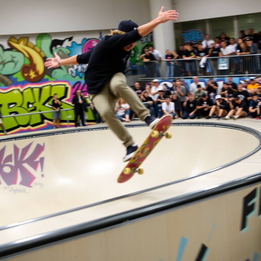 Blurry action shot of a skateboarder performing tricks at a halfpipe, with vibrant graffiti art on the walls and a cheering crowd softly blurred in the background.