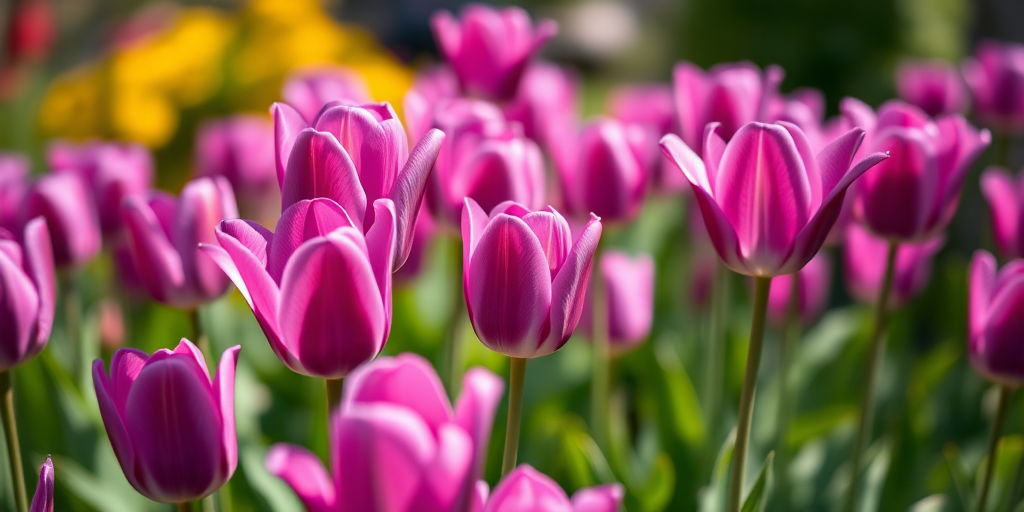 photograph of purple tulips in a garden with blurred background, captured with a Canon EOS 5D Mark IV at f/4, ISO 100, 1/200s, using a macro lens for detailed close-up, natural daylight for vibrant colors