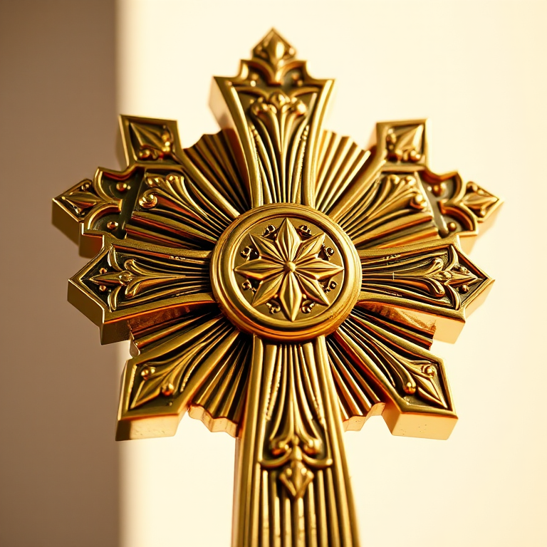 Create a highly detailed digital illustration of a golden cross with intricate lines and textures, shot with a Canon EOS 5D Mark IV, 50mm lens, f/1.8 aperture, 1/200s shutter speed, in natural soft daylight to enhance reflections.