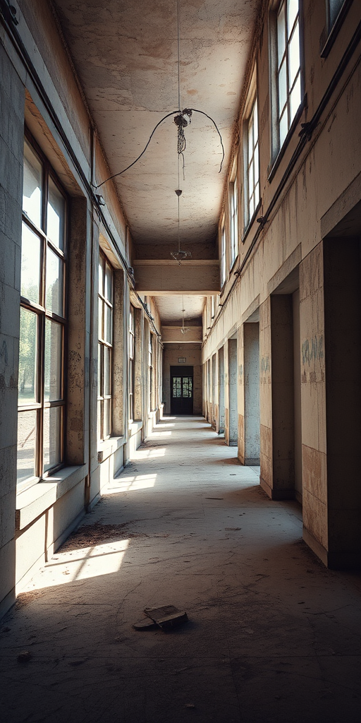 generate a high-resolution image of an abandoned corridor with soft natural light streaming through large windows, emphasizing the play of shadows and textures, captured with a Canon EOS 5D Mark IV at f/8, ISO 100, shutter speed 1/60 sec, using a wide-angle lens, in a natural style that enhances the details of the walls and floor.