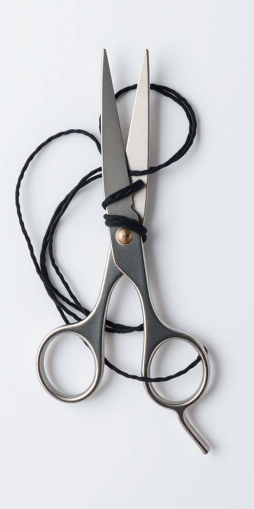 Create a high-resolution image of a pair of silver scissors with a black thread through the ring, using a DSLR camera with a 50mm lens, aperture f/2.8, ISO 100, natural lighting, shot from an overhead view for a clean and detailed presentation.