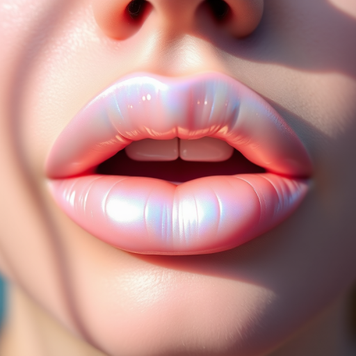Iridescent pearl white lips, called "Moonbeam Glow," showcase a subtle color-shifting effect and a luminous, ethereal appearance