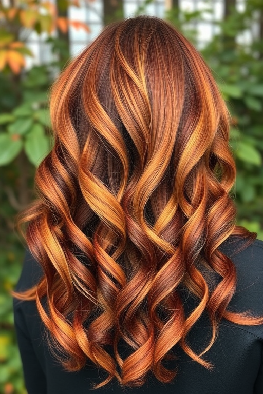 Earthy autumn leaves ombre starting with rich auburn roots transitioning to warm golden tips, styled in voluminous curls for a lush forest-inspired look