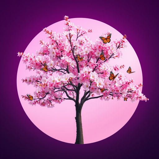 Create a vibrant digital artwork of a cherry blossom tree with pink flowers and butterflies, set against a circular background featuring a subtle gradient of purple and pink hues, using a Canon EOS R5 with an EF 24-70mm f/2.8L II USM lens, ISO 100, f/8 aperture, and a 1/160s shutter speed for sharp detail and rich colors.