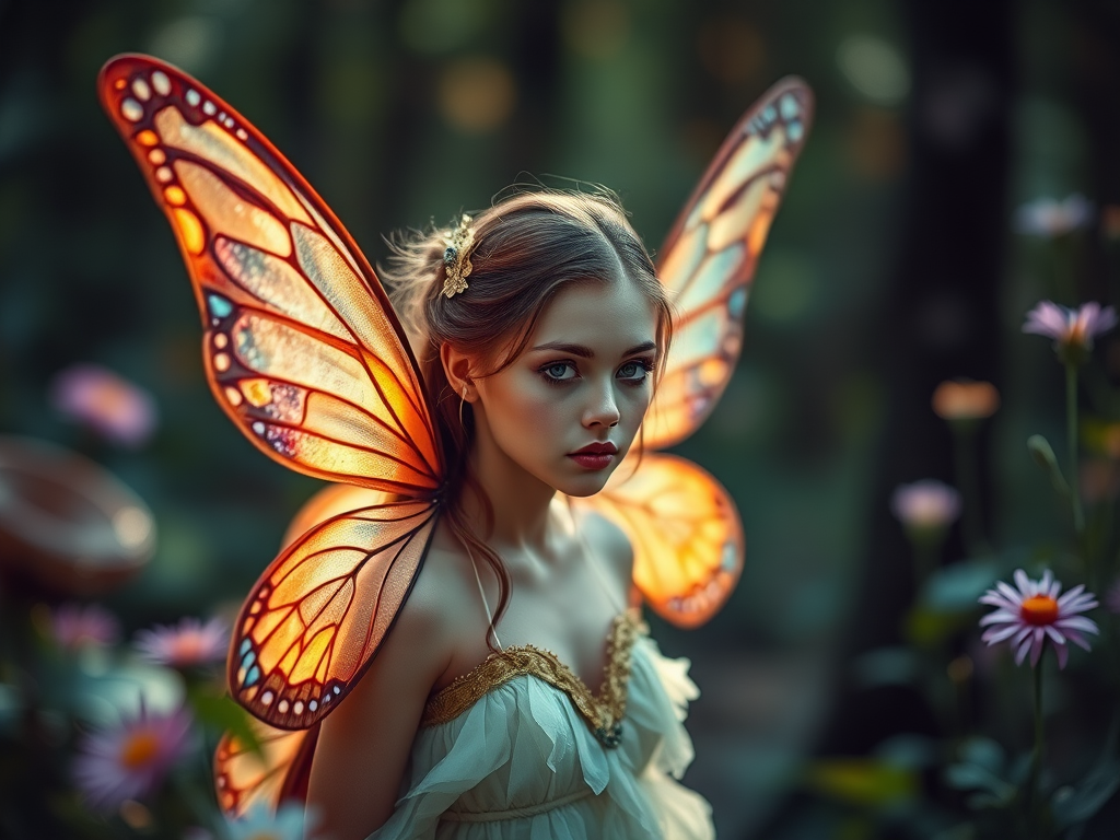 Create a highly detailed portrait of a fairy with delicate butterfly wings in a magical forest setting, using a DSLR camera with a 50mm lens at f/1.8 for shallow depth of field, ISO 100, natural lighting, and a soft focus style to enhance the enchanting atmosphere and vibrant colors.