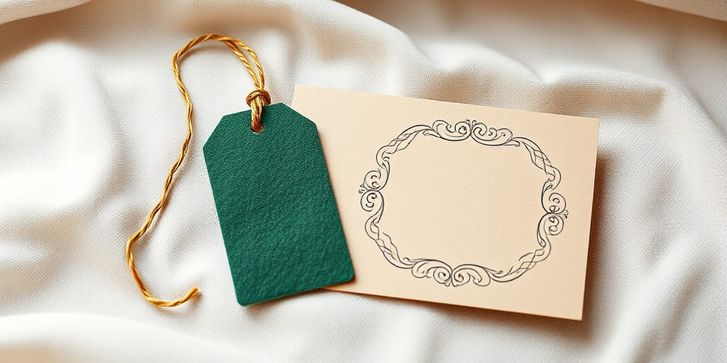 Create a high-resolution image of a textured green gift tag and a beige card with a decorative outline, placed on a soft fabric background, captured with a DSLR camera at f/2.8 aperture, ISO 100, 50mm lens, natural lighting from a window, shot from a slight above angle.
