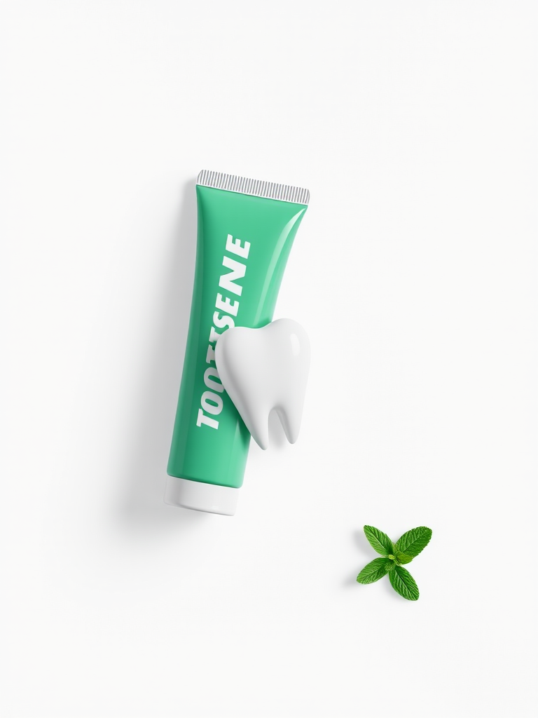 Generate an illustrated image of a toothbrush with mint toothpaste, a green toothpaste tube, and a white tooth against a plain background; use a Canon EOS 5D Mark IV, 50mm lens, f/2.8 aperture, ISO 100, with soft natural lighting for enhanced quality.