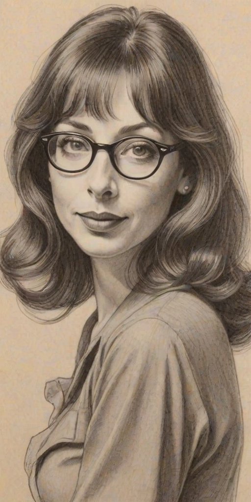 Enchanting Illeana Douglas, pencil sketch, portrait of Attractive woman 1938s in glasses, hair style beatnik, outline, clear lines, fine lines, 8k