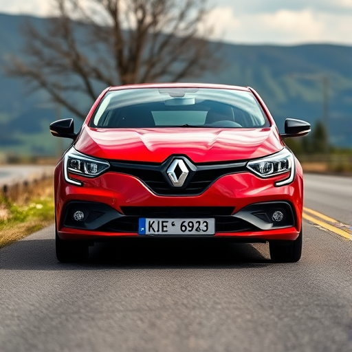 Generate a high-quality image of a red Renault car on a scenic road, using a DSLR camera with a 50mm lens, f/2.8 aperture, ISO 100, natural lighting, and a slight tilt-shift effect for enhanced depth.