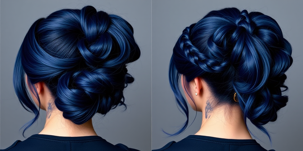 Dramatic midnight blue locks styled in a sleek, high ponytail with a braided wrap and cascading tendrils, embodying celestial beauty in the "Starry Night" updo