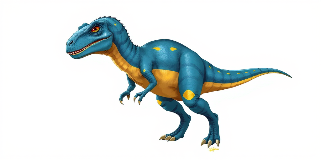 draw a detailed illustration of a dinosaur-like creature with blue and yellow coloration, standing in a dynamic pose, with a clean background, using a high-resolution digital canvas, 300 DPI settings, in a 3/4 front view, with soft lighting to enhance texture and detail.