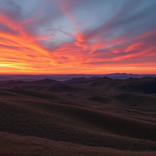 Create a high-resolution image of a serene landscape featuring rolling hills and a sunset sky with vibrant colors, captured with a Nikon D850 at f/8, ISO 100, 1/250 sec, using a wide-angle lens for an expansive view.