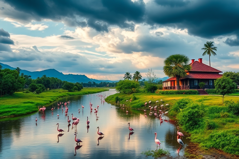Create a vibrant landscape scene featuring a serene river with diverse birds like flamingos and storks, lush greenery, a rustic house, and distant mountains under a dramatic sky, captured with a Canon EOS R5, 24-70mm f/2.8 lens, f/8 aperture, 1/125 sec shutter speed, and ISO 200 for enhanced detail and clarity.