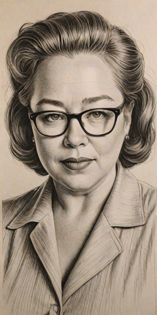 Enticing Kathy Bates, pencil sketch, portrait of Magnificent woman 1941s in glasses, hair style beatnik, outline, clear lines, fine lines, 8k