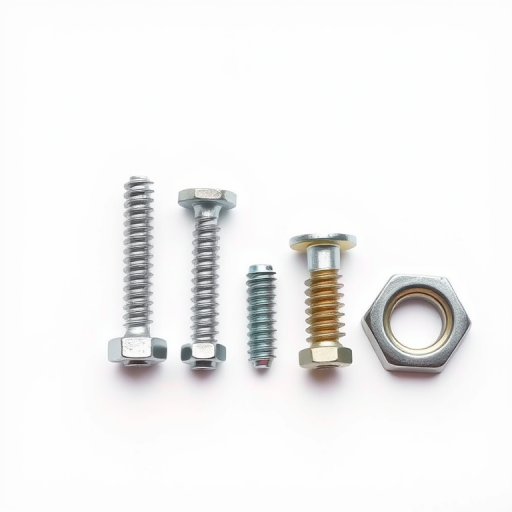 Create a high-resolution image of three different types of screws and one nut arranged in a line on a white background, using a DSLR camera, aperture f/8, ISO 100, 50mm lens, with a softbox lighting setup for even illumination and shadows.