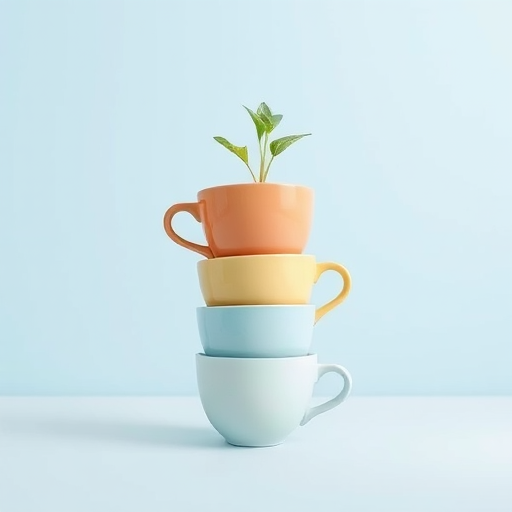 Create an illustration of four stacked cups on a pastel blue background, with the top cup featuring a small plant, using a digital art style; simulate a flat lay view with soft natural lighting settings, focus lens at f/2.8 to create a shallow depth of field, and apply a 50mm camera perspective for enhanced clarity.