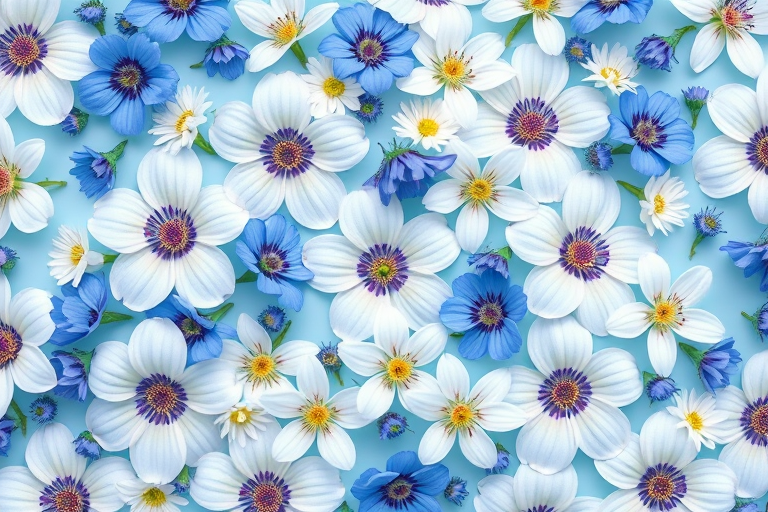 Generate a vibrant pattern of white and blue flowers on a light blue background, capturing intricate details and textures, using a high-resolution DSLR camera with a 50mm lens, aperture set to f/2.8, ISO 100, in a macro photography style.