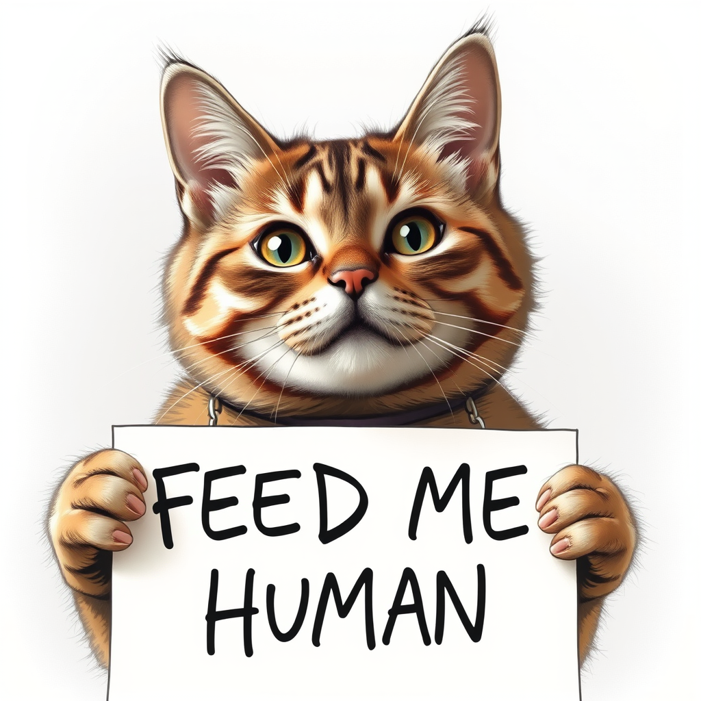 cat holding a note which says "FEED ME HUMAN"