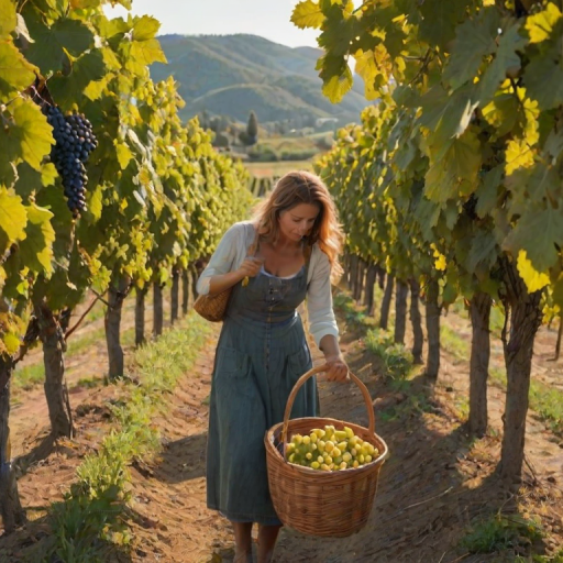 Picturesque vineyard at harvest time, rows of grapevines heavy with fruit, and a woman picking grapes, her basket full and her face lit with contentment.