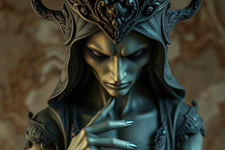 Create a hyper-realistic image of a gothic figure with intricate detailing, dramatic lighting, high contrast colors, using a Canon EOS R5, 50mm f/1.2 lens, ISO 100, aperture f/8, and a focal length of 50mm, shot from a low angle for a powerful perspective on a textured marble background.