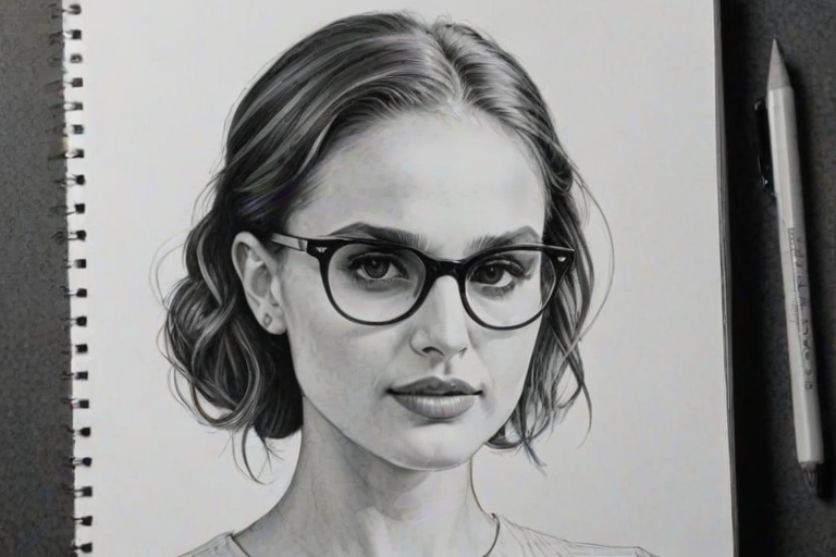 Stunning Natalie Portman, pencil sketch, portrait of Ravishing woman 1974s in glasses, hair style beatnik, outline, clear lines, fine lines, 8k