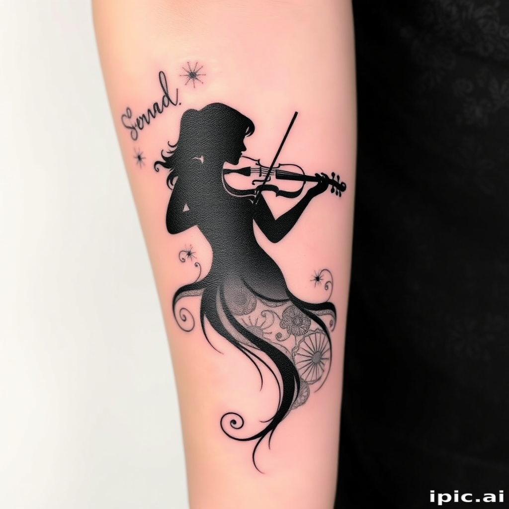 Negative space tattoo named "Silhouette Serenade" using the natural skin tone to create the main image of a female figure playing a violin, with intricate blackwork patterns filling the background