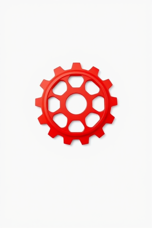 Create a high-resolution image of a red gear on a white background, using a 50mm lens, f/2.8 aperture, ISO 100, shot from a straight-on view with studio lighting to enhance contrast and details.