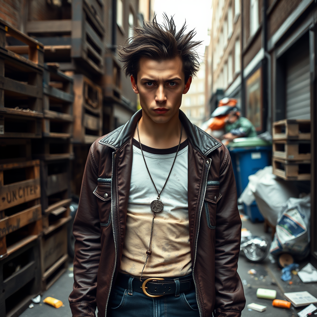 generate an ultra-realistic, highly detailed photograph of a punk. he's standing still, looking menacingly at the camera. he's in a narrow, dirty London street. there are wooden crates stacked up. overflowing rubbish bins, rubbish on the ground.