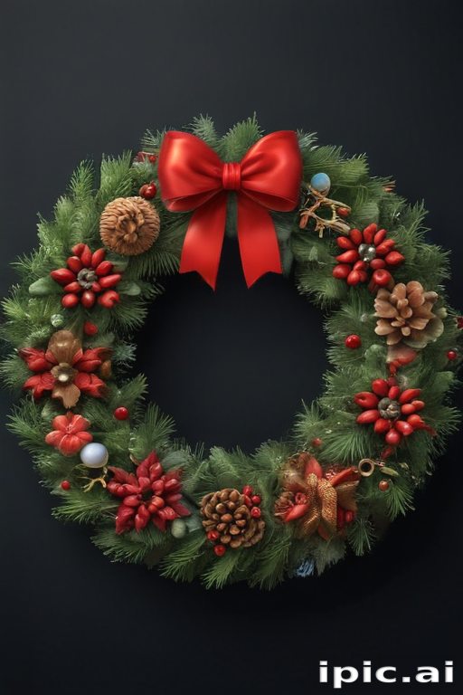 Beautifully Decorated Holiday Wreath with Red Bow and Festive Ornaments