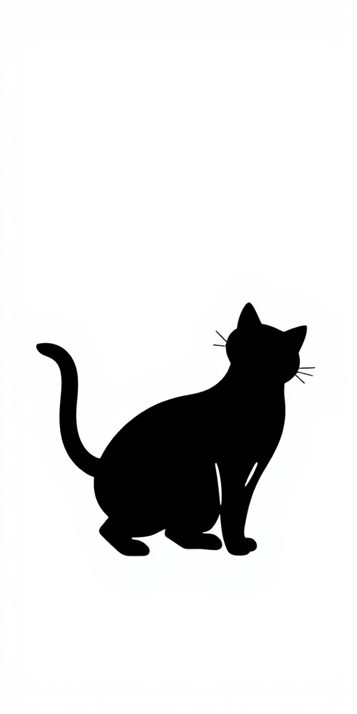 Create a minimalist black silhouette of a cat in a playful pose, with a smooth design and simple lines.