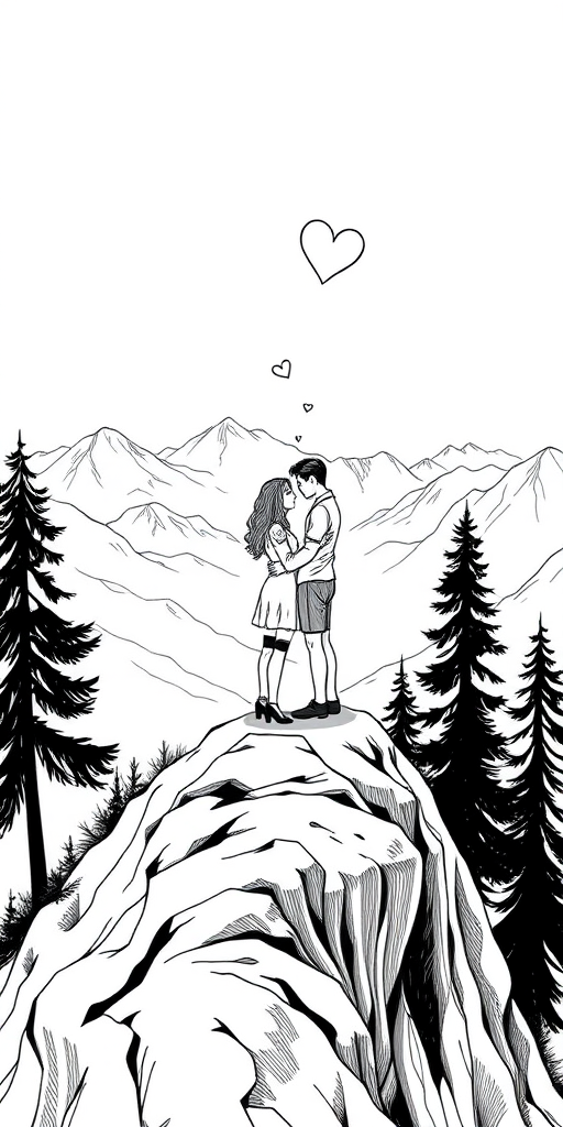 Regenerate a black and white illustration of a couple standing on a mountain peak with hearts above them, focus on line art style, shot from a high angle view, using a digital drawing tablet with 300 DPI for high image quality.