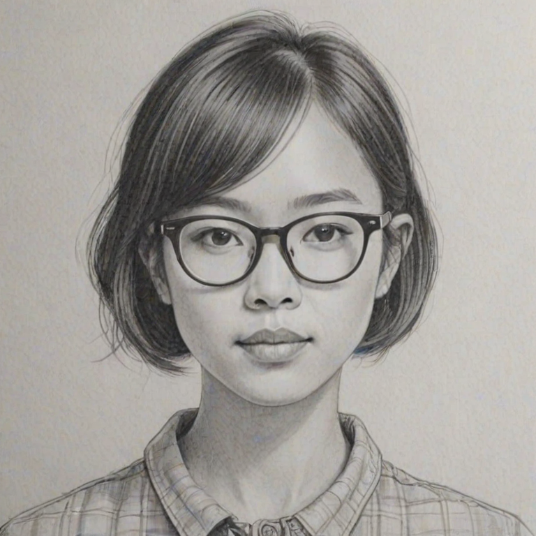 Superb Charlyne Yi, pencil sketch, portrait of Gorgeous woman 1960s in glasses, hair style beatnik, outline, clear lines, fine lines, 8k