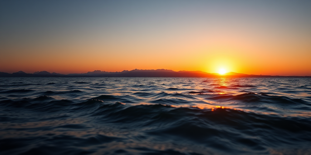 Capture a serene seascape at sunrise with silhouetted mountains in the background, using a Canon EOS R5, 24mm lens, f/8 aperture, 1/200 sec shutter speed, ISO 100, soft focus, and golden hour lighting for enhanced detail and color contrast.