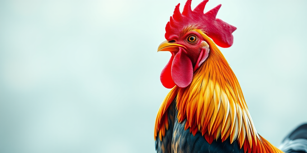 Create a vibrant illustration of a rooster with detailed feathers, using a DSLR camera set to 50mm f/1.8, aperture priority mode, shot from a low angle to emphasize the rooster's stature and with a soft focus background to enhance the subject.