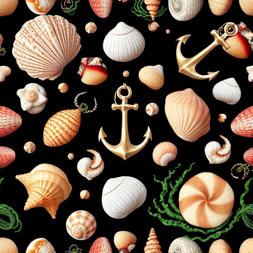 Create a high-resolution seamless pattern design featuring various seashells, an anchor, and seaweed against a black background, with a focus on vibrant colors and detailed textures, captured with a DSLR camera at f/8, ISO 200, 50mm focal length, and a soft focus effect for artistic enhancement.