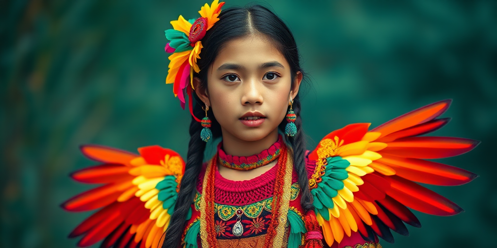 A beautiful Maya girl, wearing colorful bird clothing with vibrant colors