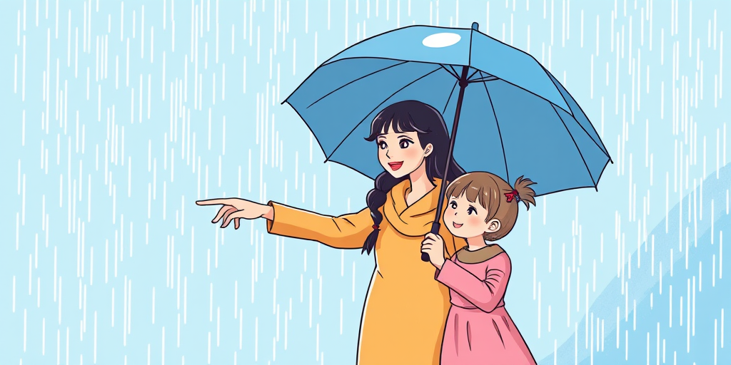 Generate an illustration of a mother and daughter holding an umbrella in the rain, with the mother guiding the daughter as she points forward, using a soft pastel color palette, captured in a bright and cheerful style, with a focus on vibrant blue hues for the background and warm tones for the characters, in a vector art style, resembling a digital drawing with clean lines and minimalistic details.