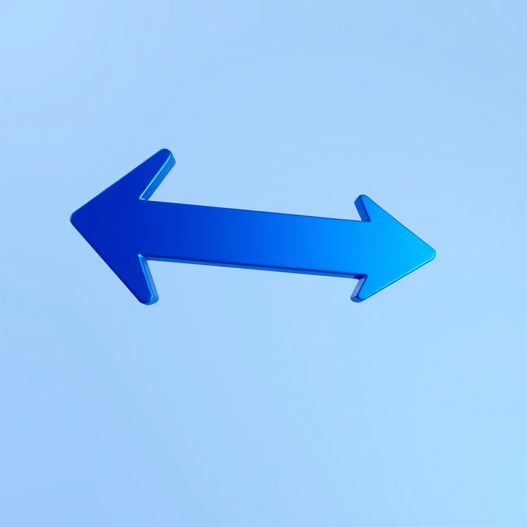 Create an image of a glossy, three-dimensional blue arrow pointing left with a smooth gradient, shot with a Canon EOS R5 at f/2.8, 50mm lens, ISO 100, in a studio setting with soft lighting for a clean background and vibrant colors.