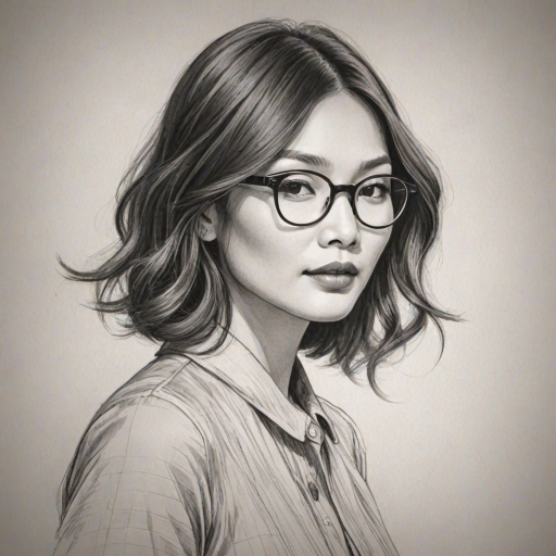 Enticing Gemma Chan, pencil sketch, portrait of Lovely woman 1920s in glasses, hair style beatnik, outline, clear lines, fine lines, 8k