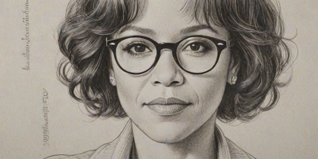 Alluring Rosie Perez, pencil sketch, portrait of Magnificent woman 1929s in glasses, hair style beatnik, outline, clear lines, fine lines, 8k