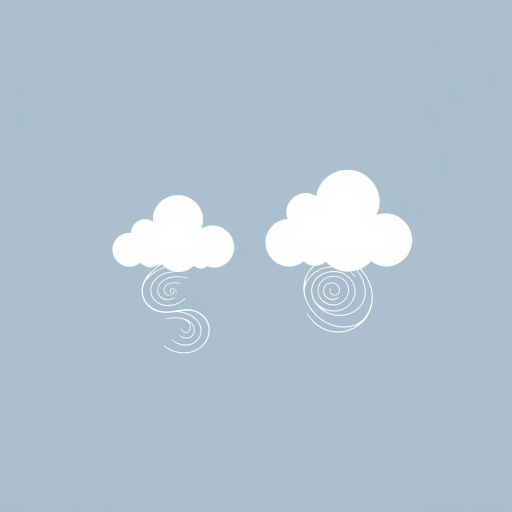 Create a high-resolution image of two stylized clouds with swirling lines beneath them, using a DSLR camera with a 50mm lens, aperture set to f/4, ISO 100, in soft natural light, top-down view, and minimalistic vector style.